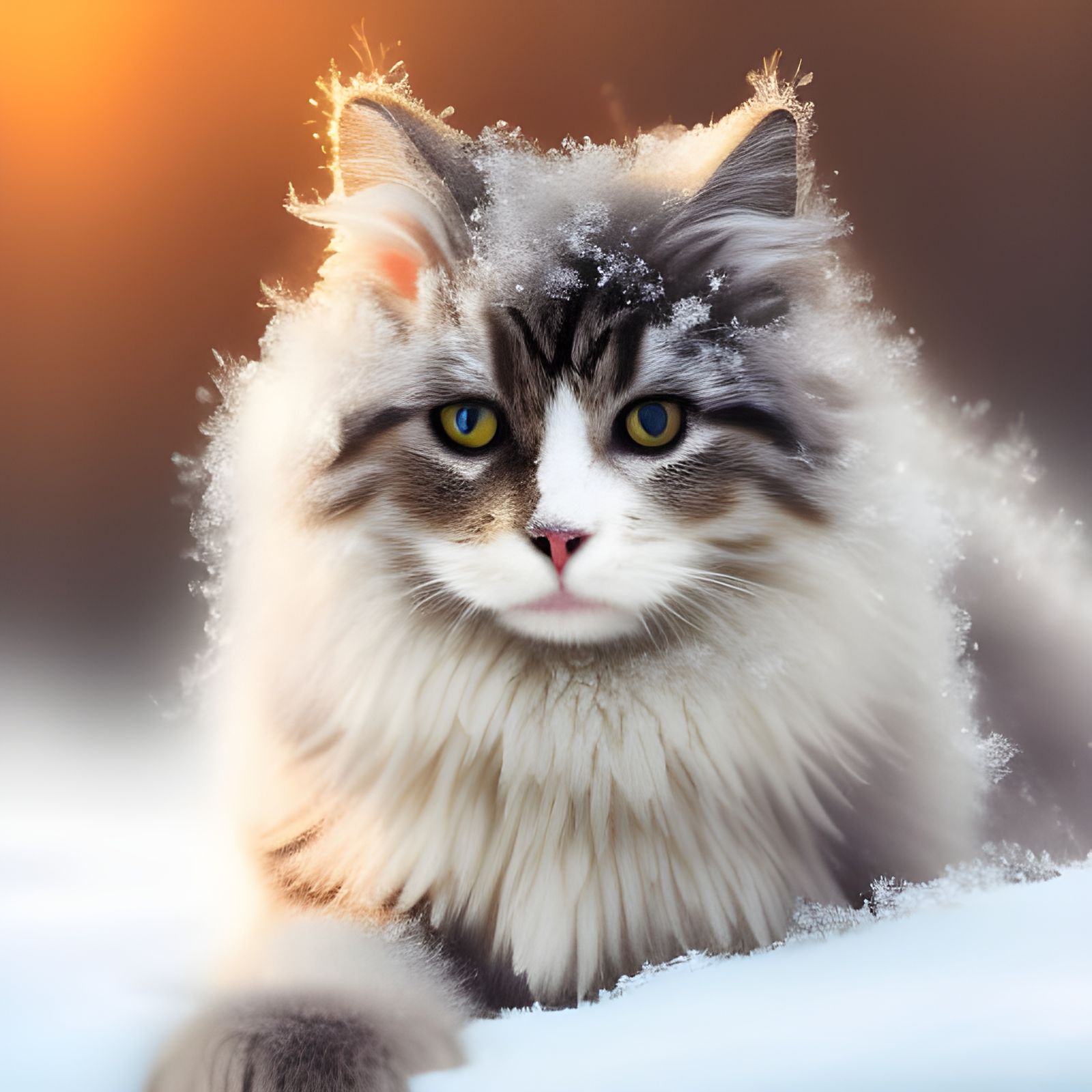 Fluffy Cat in Snowy Winter Landscape as Oil Painting
