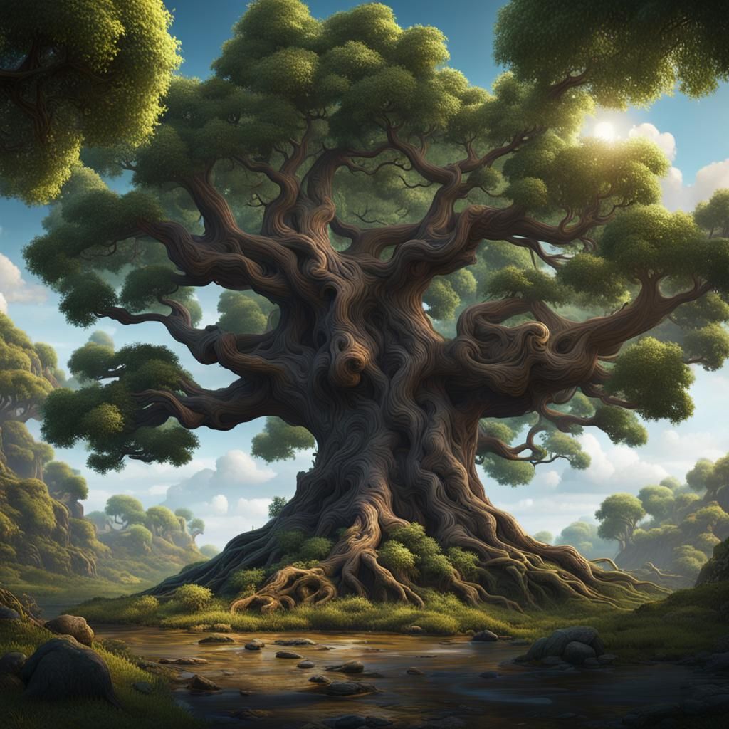 Matte Painting of a Young Tree in Fantasy Forest