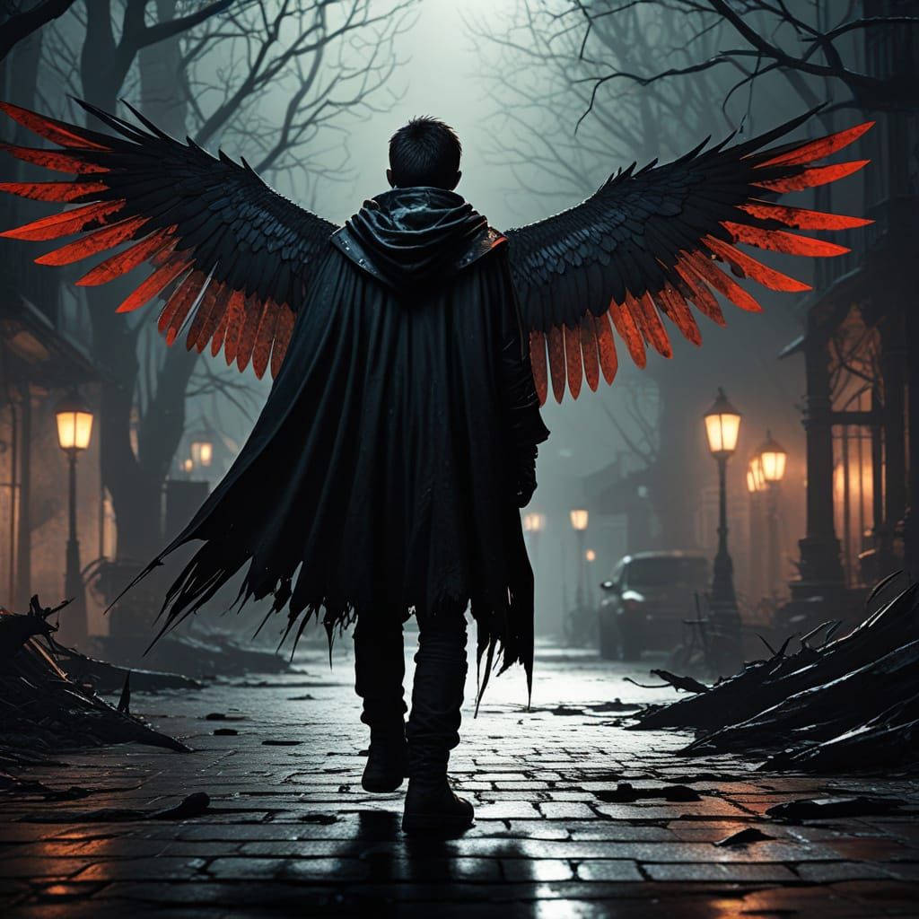 Cinematic Fantasy Boy with Raven Wings and Prosthetic Leg