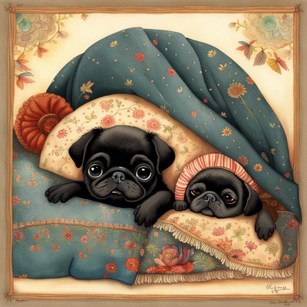 Pug and Baby Sleeping in Naive Art Style