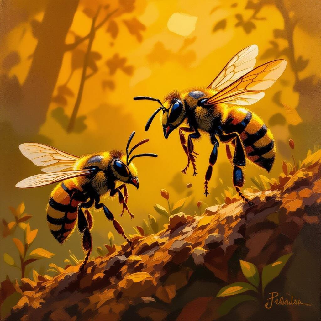 Giant Bee Battles Hornet in Impasto Oil Painting