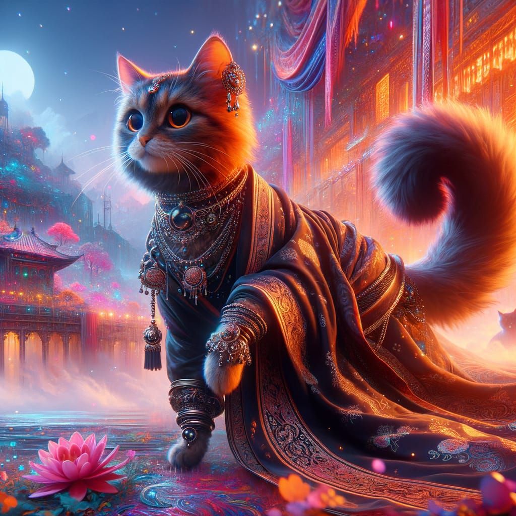 Cute Cat in Black Saree: Fantastical Matte Painting