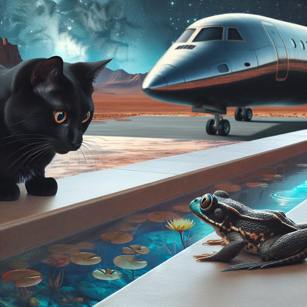 A Black Cat Watches an Alien in Unearthly Landscape
