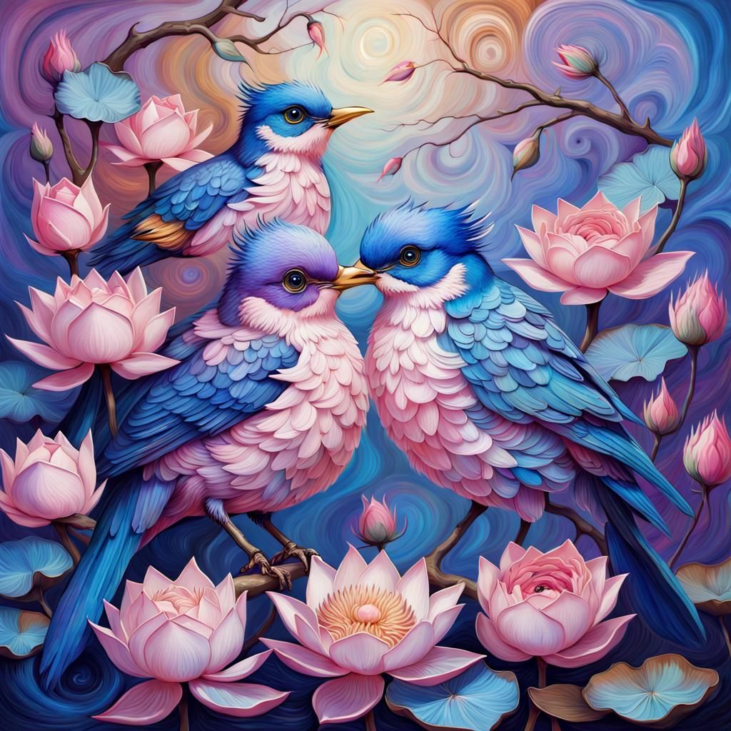 Fantasy Birds with Lotus Flowers in Van Gogh Style