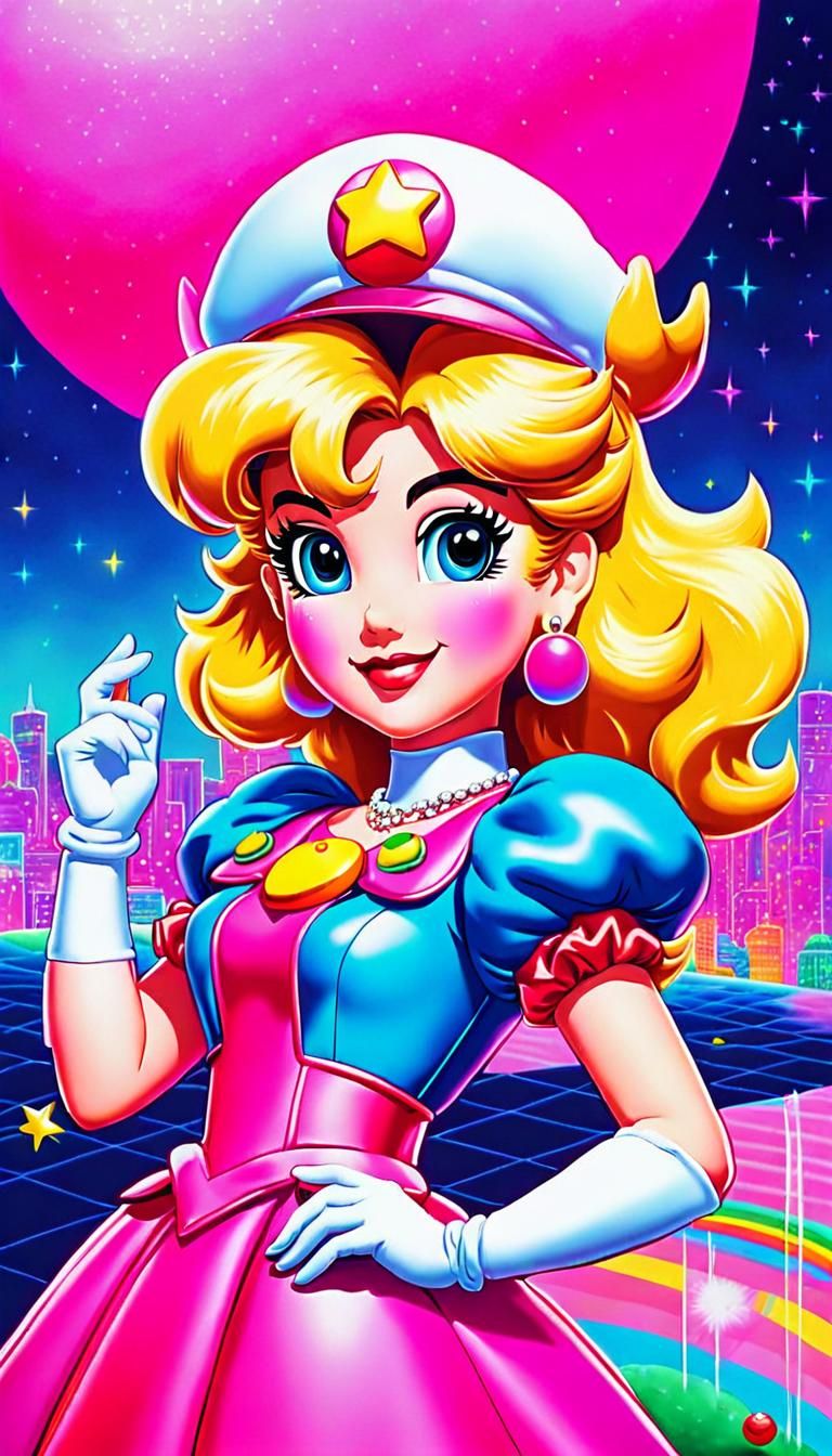Princess Peach in 80s Synthwave Style