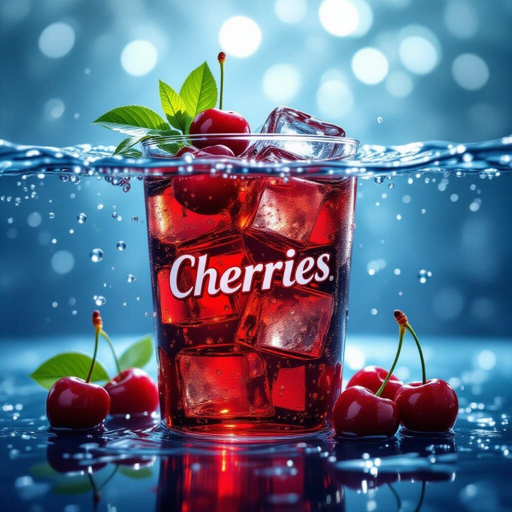 Transparent Red Drink Can Submerged in Water with Cherries