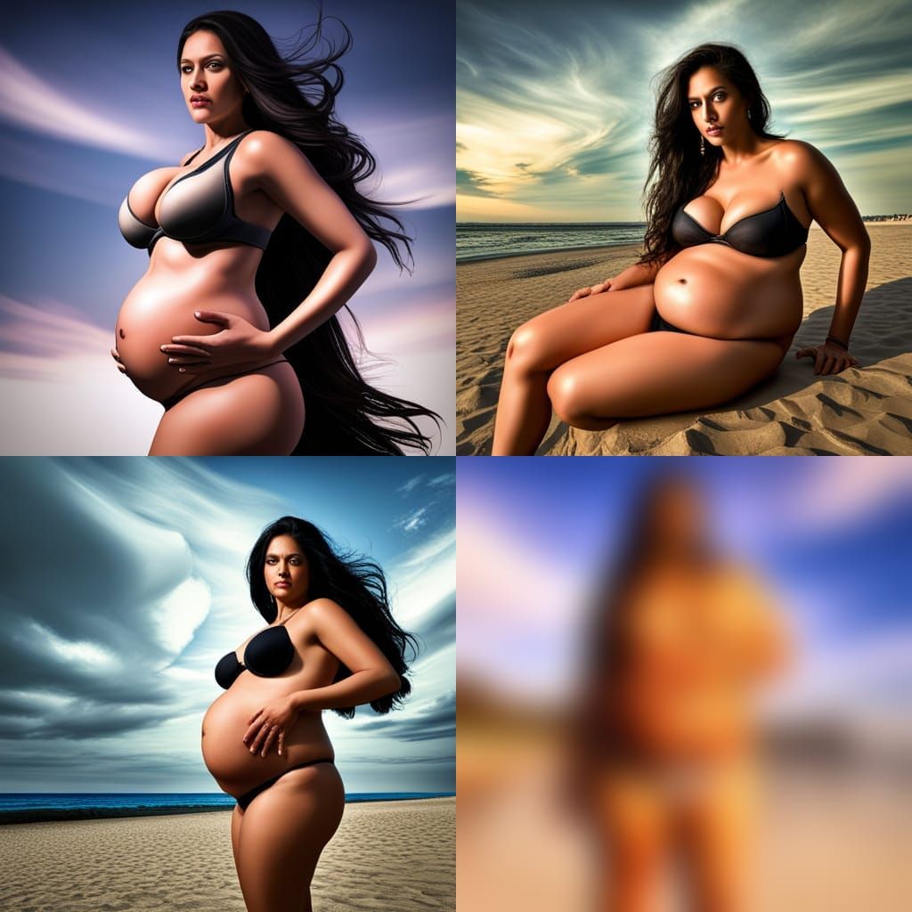 Hyperrealistic Pregnant Woman in Bikini at Beach