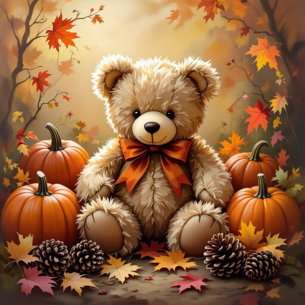 Whimsical Stuffed Bear with Autumn Harvest in Ethereal Oil P...