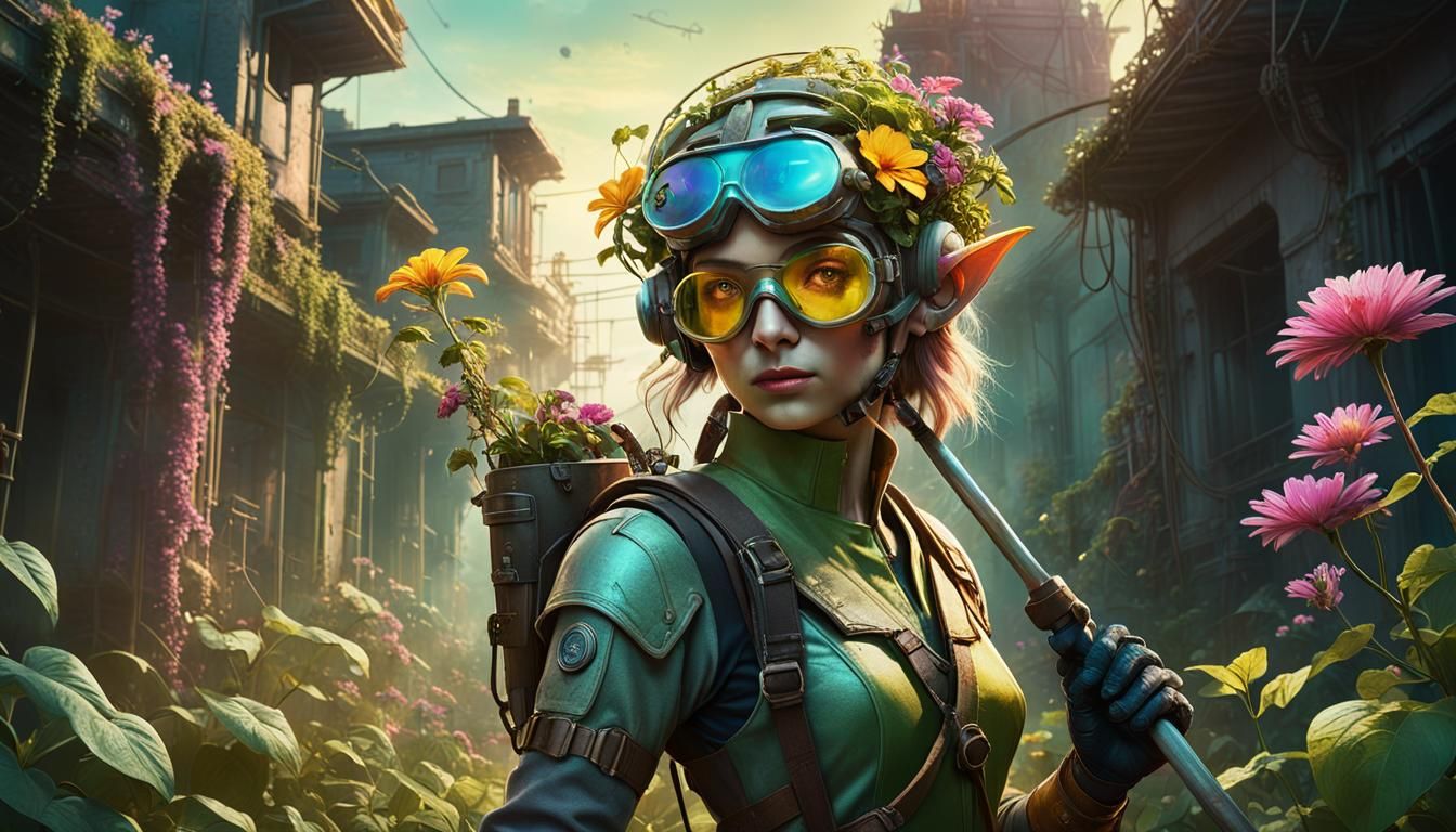 Cyberpunk Elf Gardener in Dystopian Cityscape