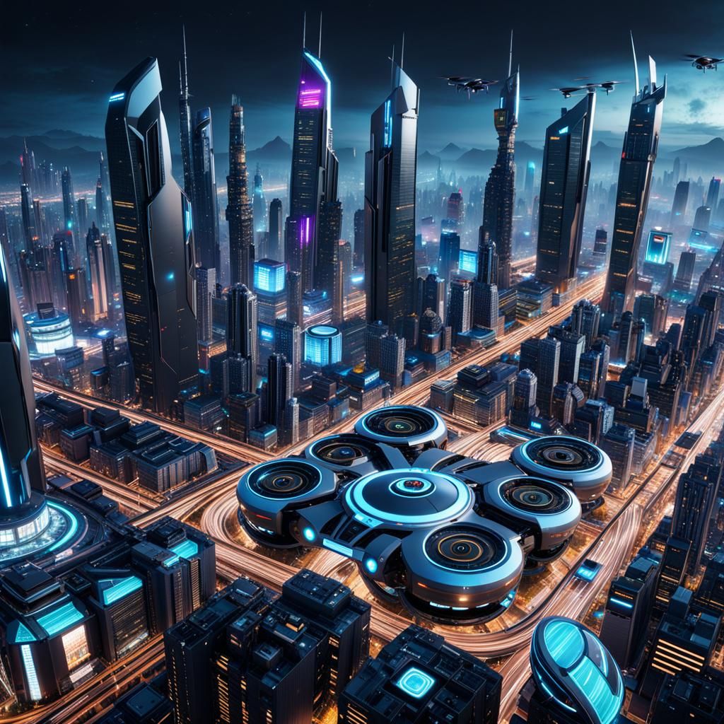 Cyberpunk Cityscape with Automated Infrastructure in 3D