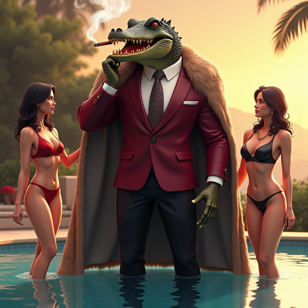 Crocodile-Headed Man in Suit with Women, 3D Anime Art