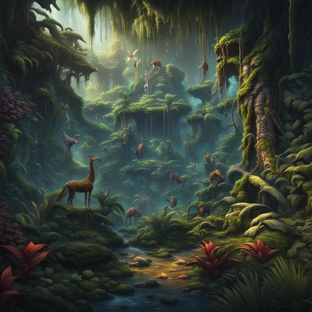 Exotic Animals in a Mysterious Jungle Painting