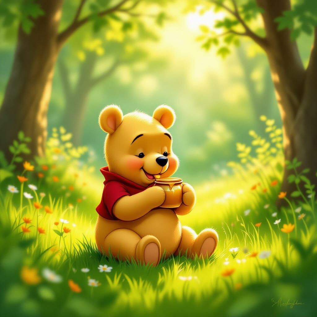 Baby Winnie the Pooh Eating Honey in Enchanting Forest