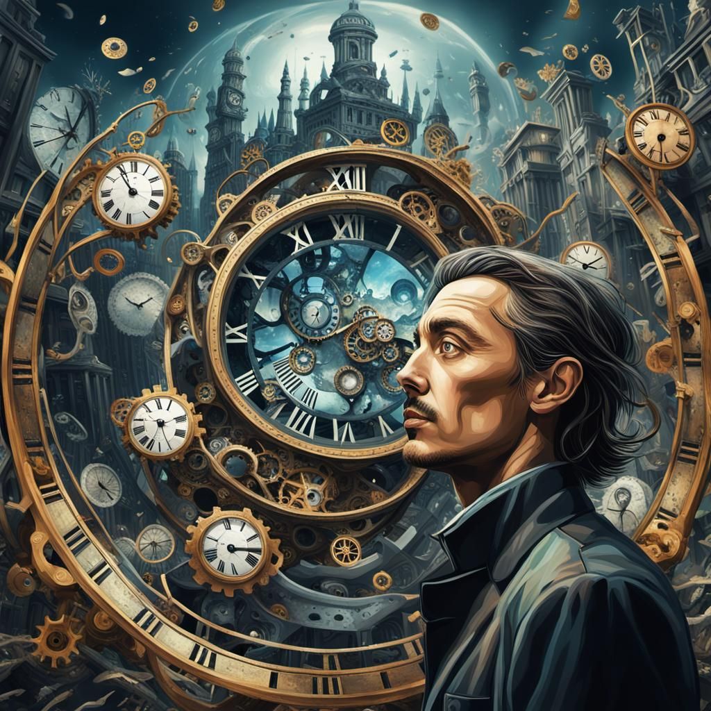 Surreal Time Loop Portrait in Dreamlike Cityscape