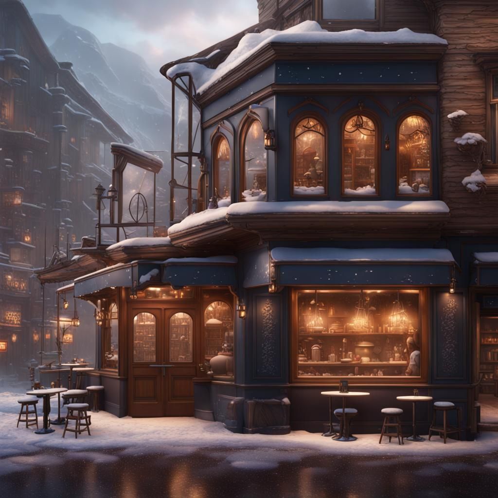 Cafe Interior on Snowy Day: Detailed Matte Painting