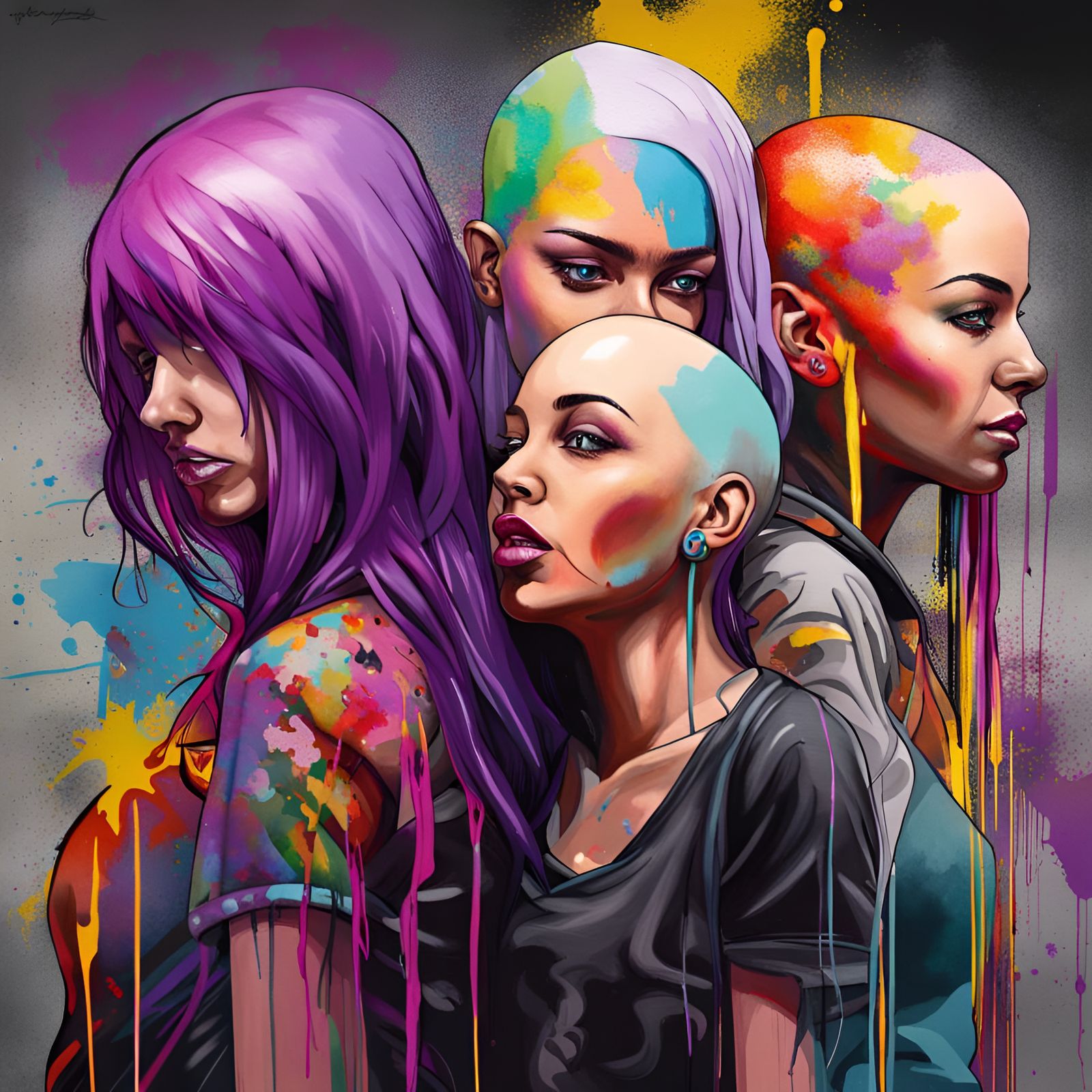 Graffiti Art: Three Women with Purple Hair