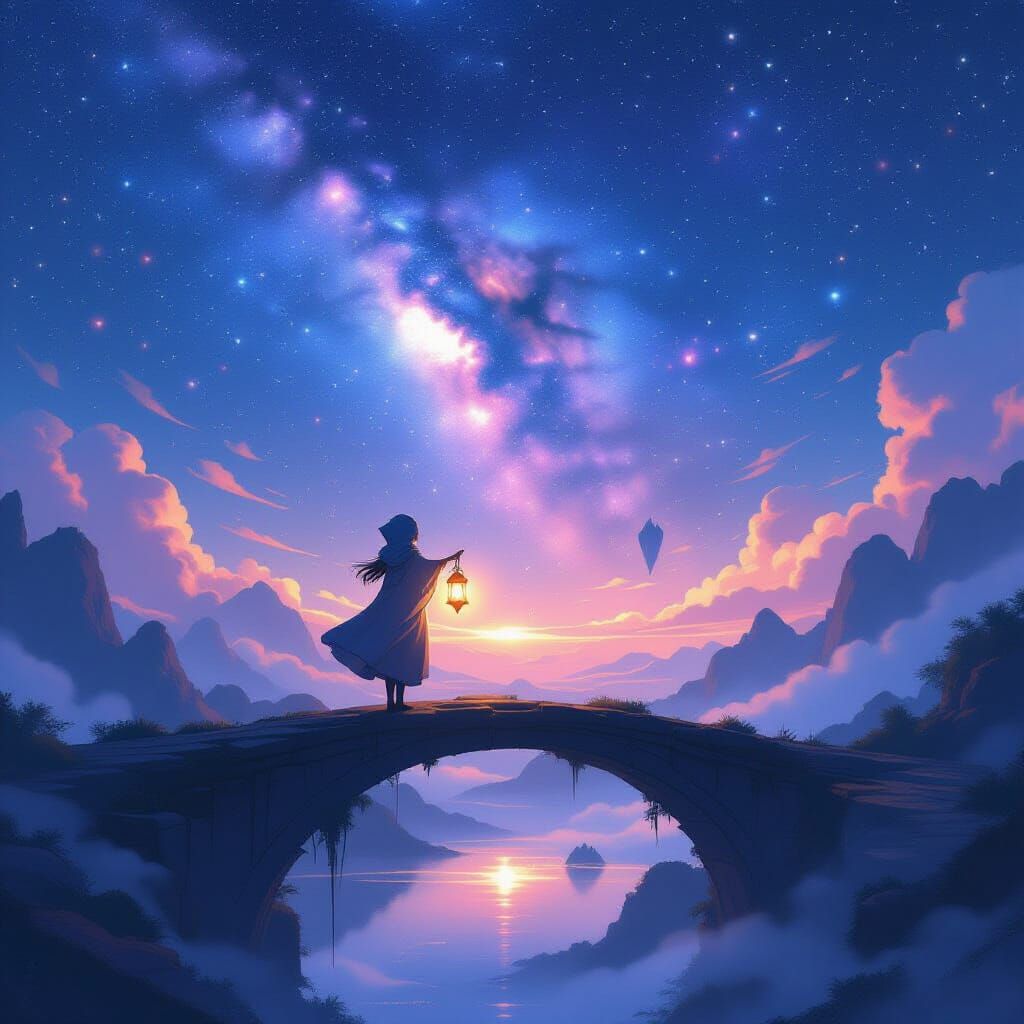 Ethereal Anime Girl Over Nebula with Lantern