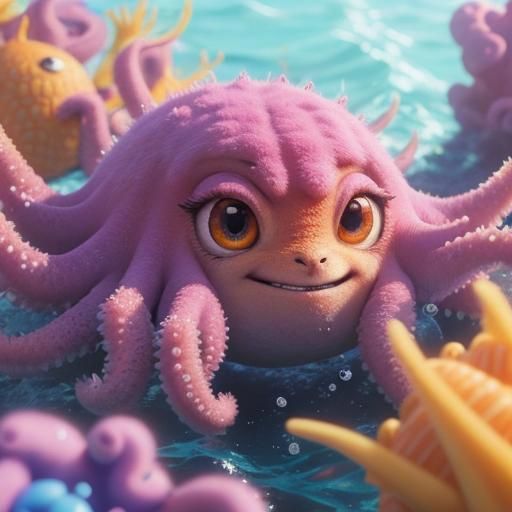 Cute Spider Octopus in Ocean: Pixar-Style 3D Anime