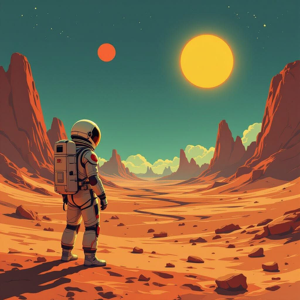 Retro Astronaut on Alien Planet, 1950s Sci-Fi Style