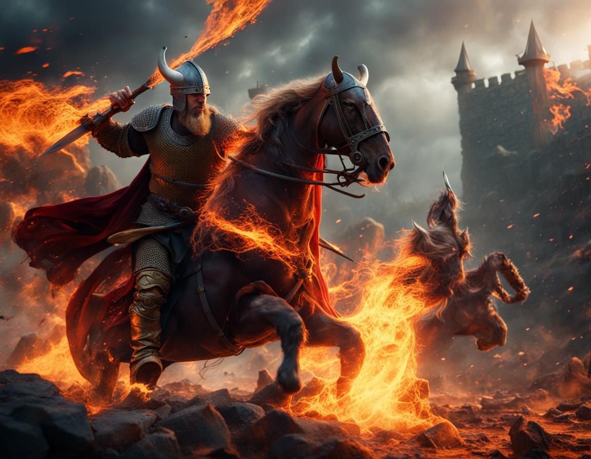 Vikings Attack Knight in Flames: Detailed Matte Painting