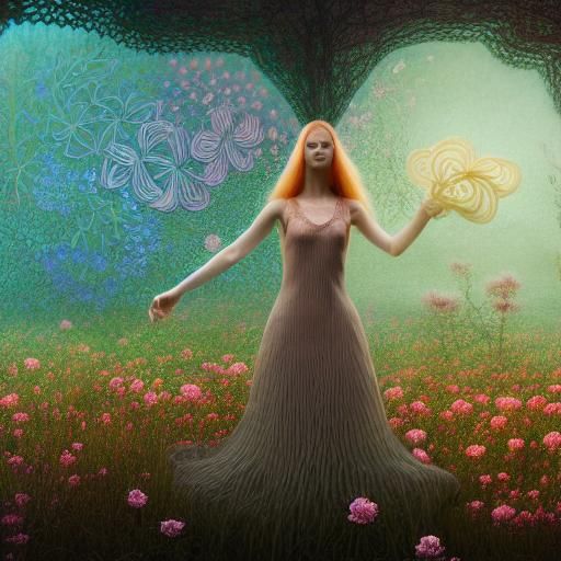 Woman in Embroidered Dress with Flower, Surreal Watercolor