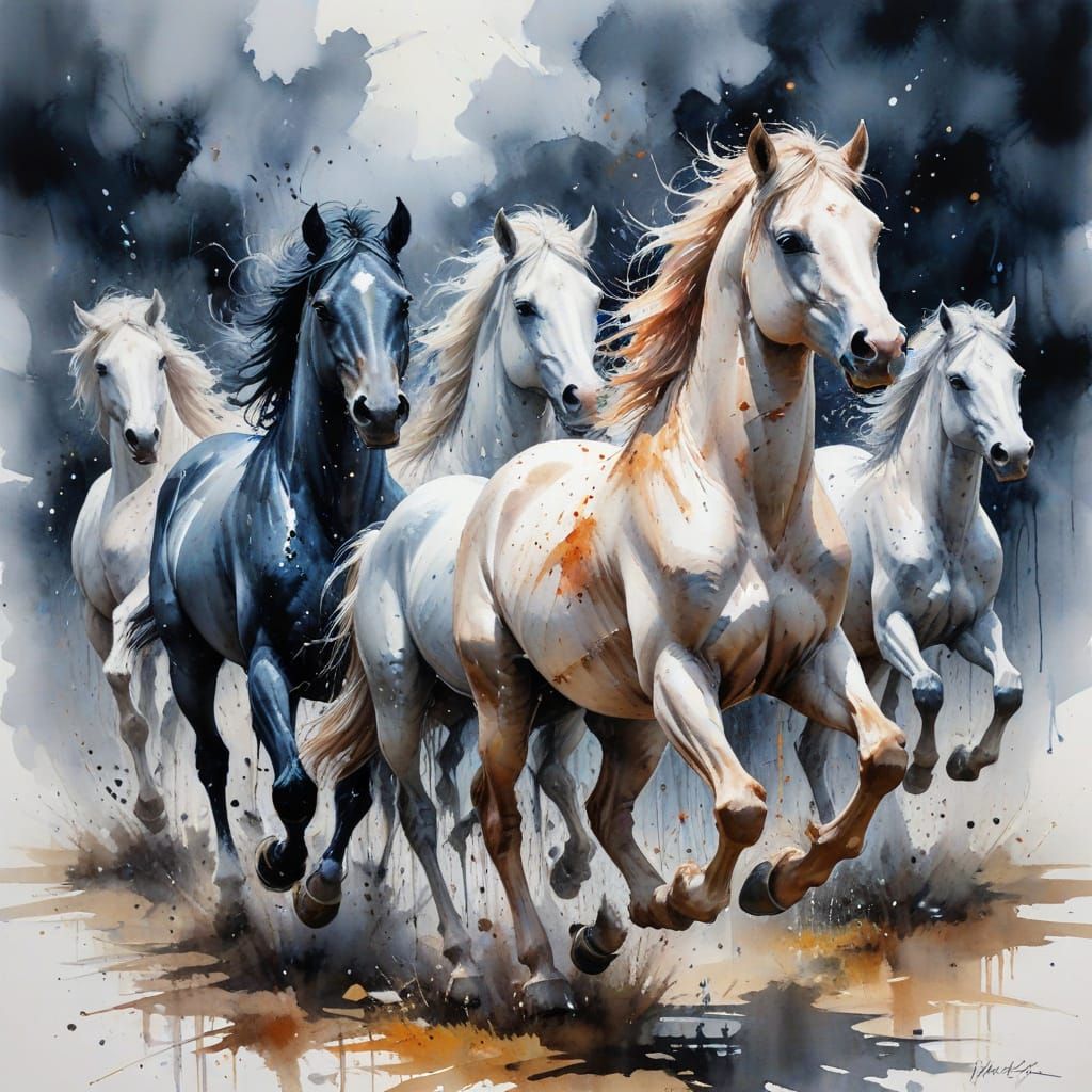 Majestic Horses Gallop Through Stormy Midnight Valley