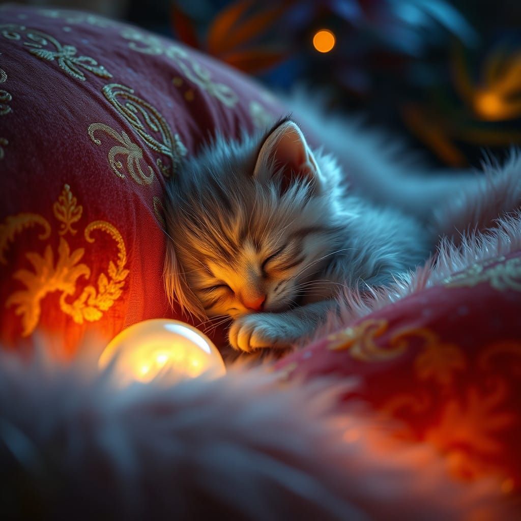 Kitten Snuggles in Mother's Fur on Velvet Pillow