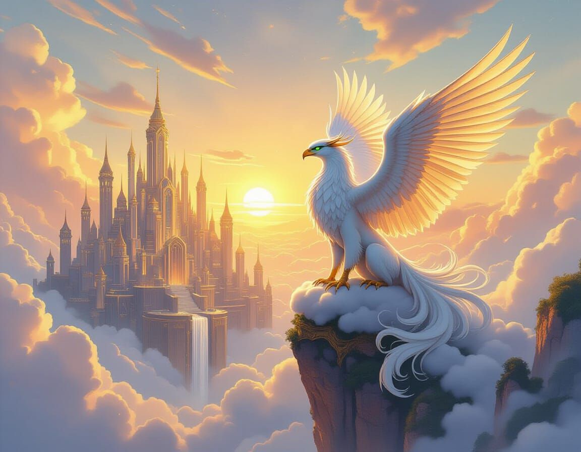 Griffin Overlooking Celestial City in Watercolor Style