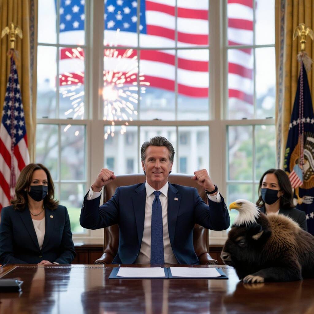 President Newsom Flexing With Eagle and Fireworks