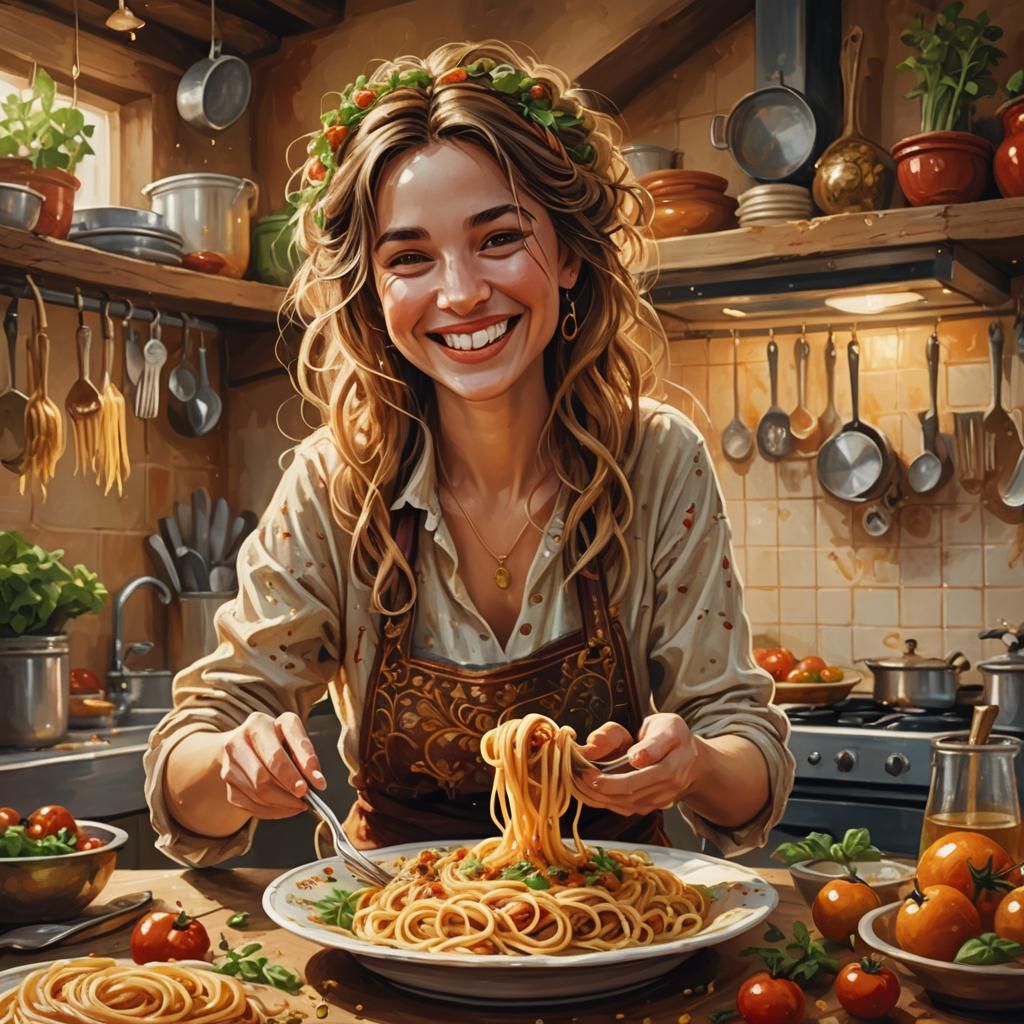 Mouthwatering Spaghetti in a Cozy Kitchen, Fantasy Art