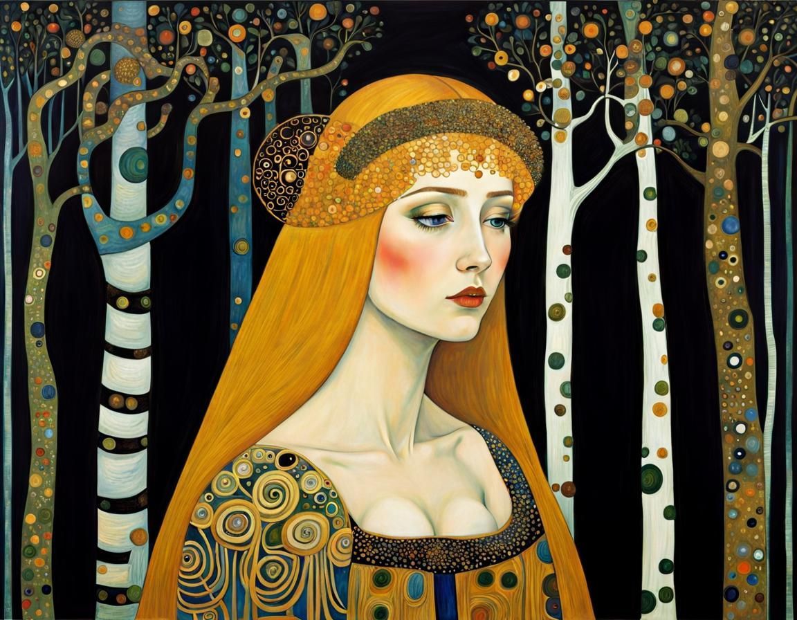 Ethereal Girl in Dark Forest: Klimt-Inspired Art