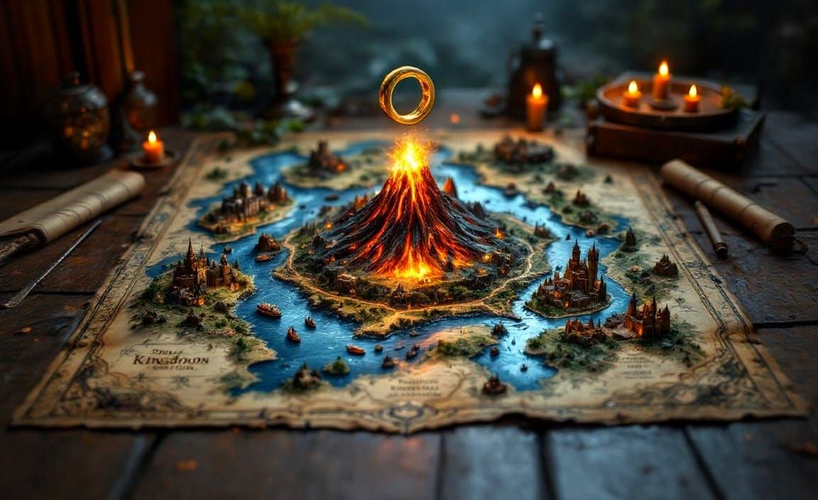 Antique Map Fantasy Art with Volcano and Miniature Kingdom