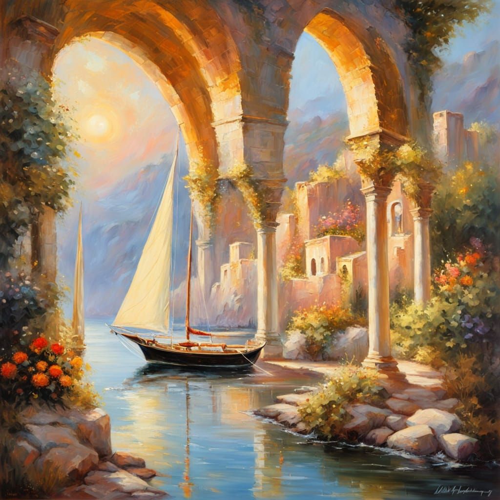 Sailboat Fantasy Landscape in Oil Painting Style