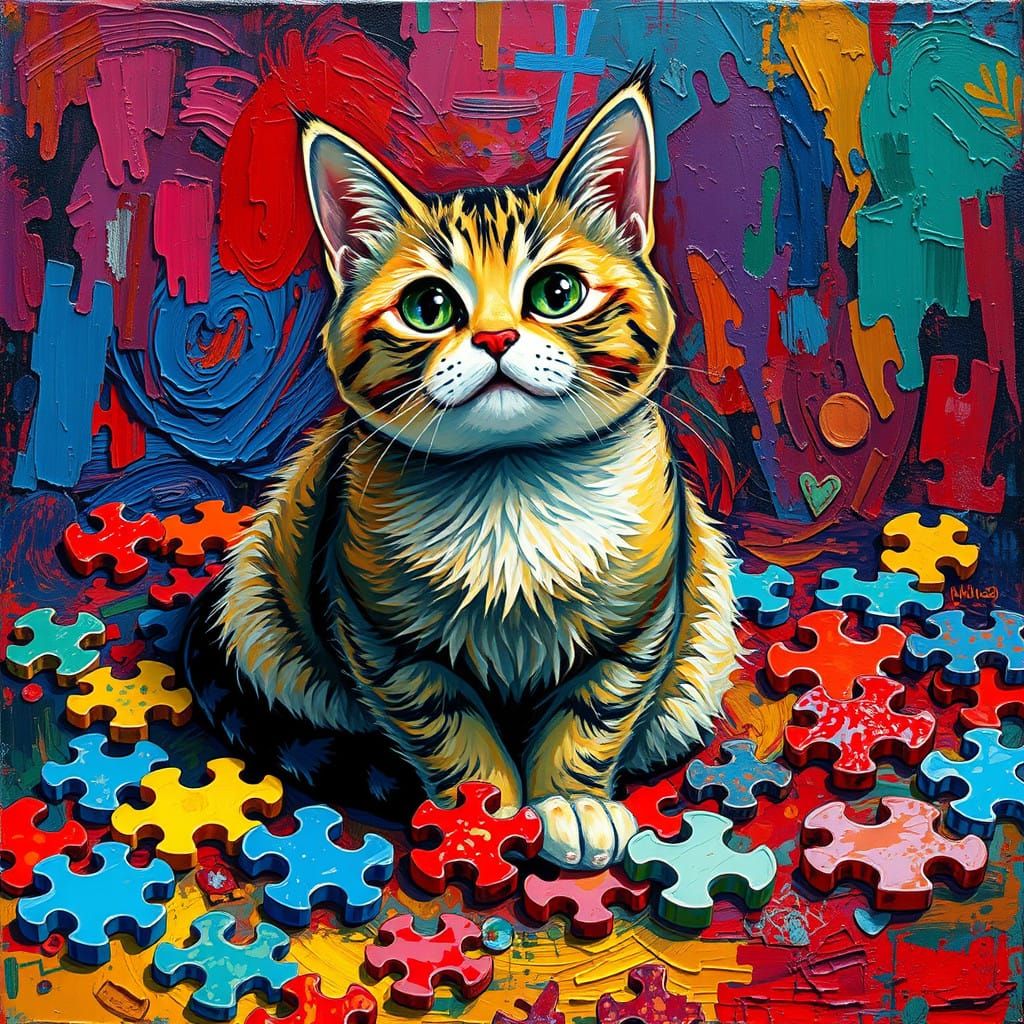 Whimsical Cat in a Vibrant Puzzle Scene