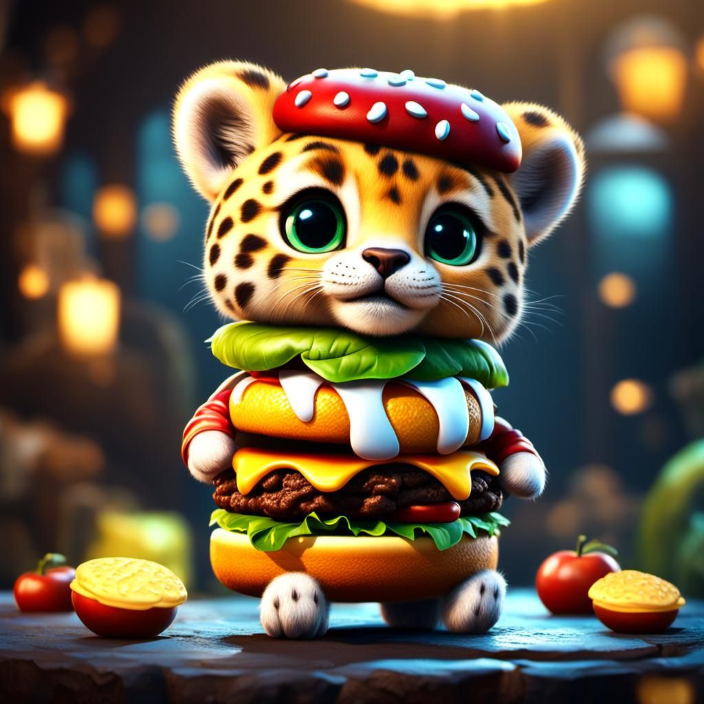 Baby Cheetah Dressed as a Hamburger, Detailed Digital Art