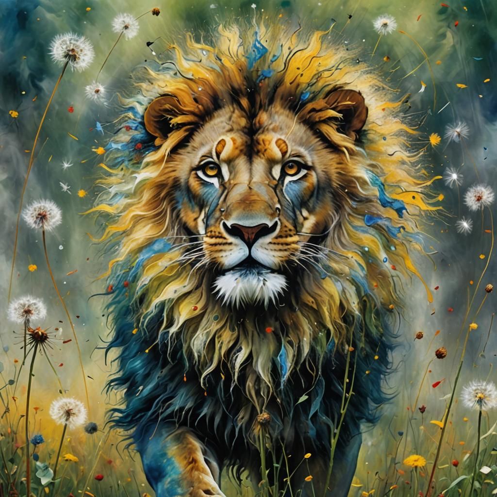 Dandelion Lion in Encaustic Impressionist Style