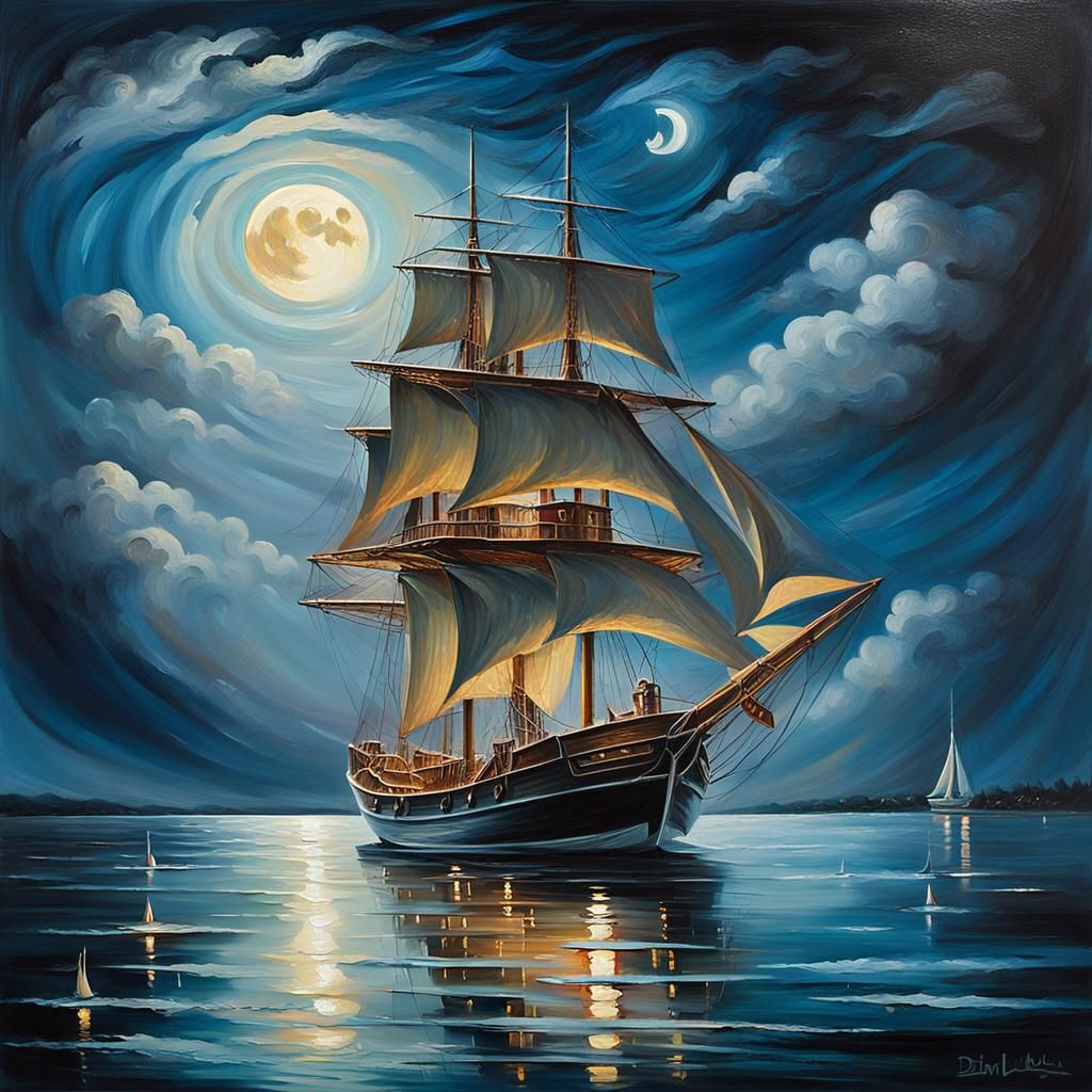 Majestic Sailing Boat on Serene Lake, Oil Painting