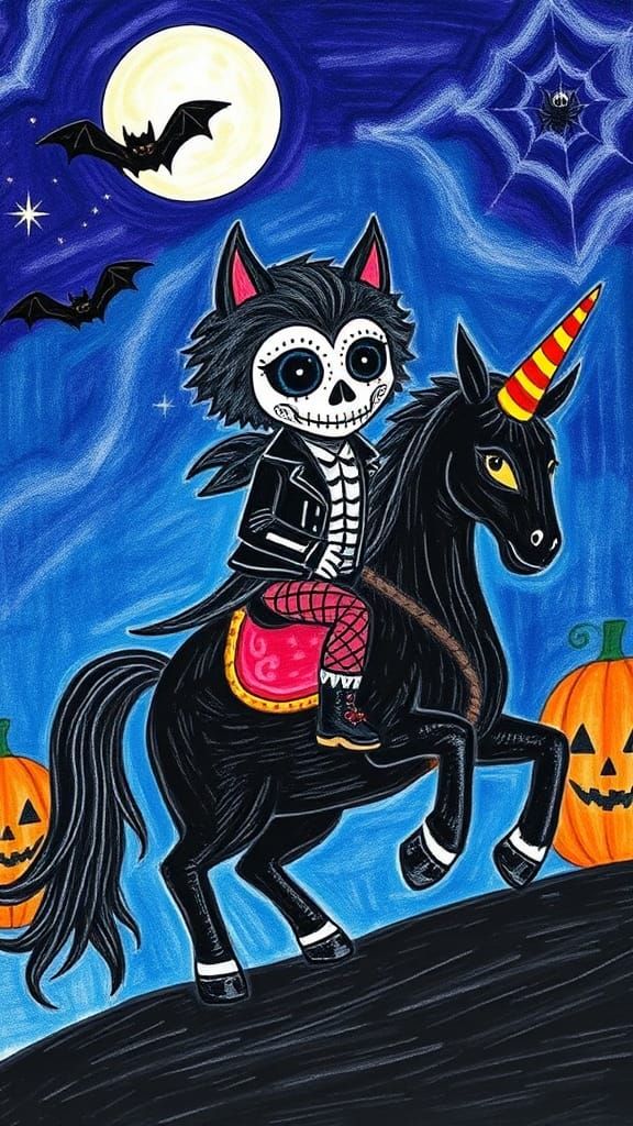 child-like drawing  goth sugar skull werewolf   riding a ( b...