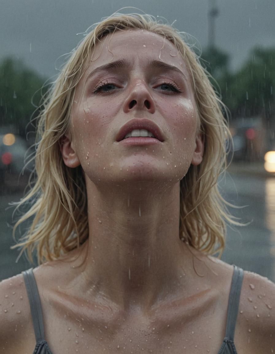 Crying Woman in Rain, Photorealistic Film Still