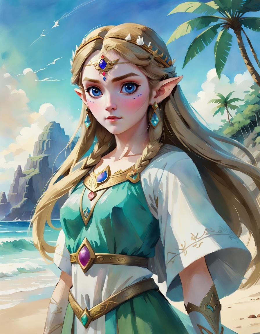 Princess Zelda Watercolor Art on Hawaiian Beach