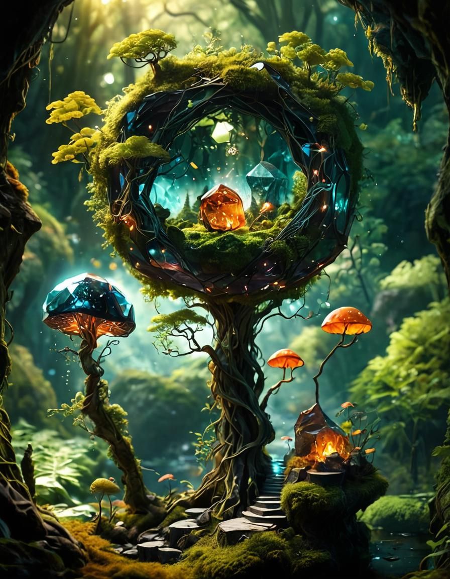 Enchanted Forest: Burning Mushroom in Glass Dodecahedron