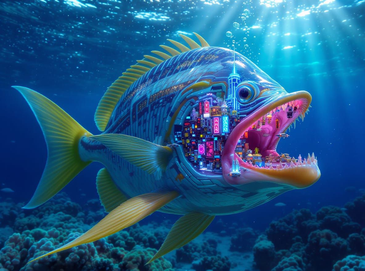 Angel Fish With Cyber City Inside Mouth, Surreal HDR