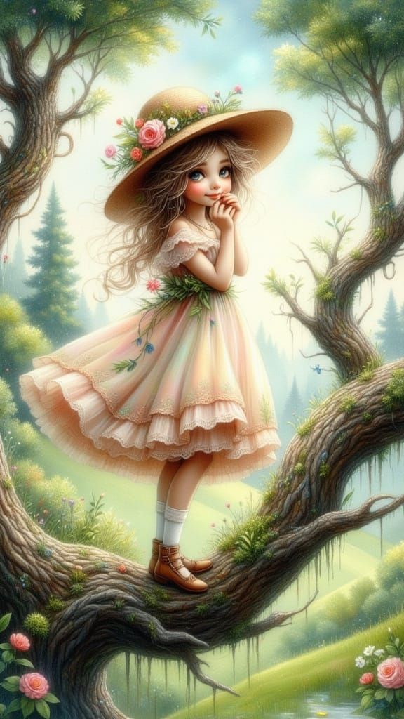Whimsical Girl on Branch in Watercolor Style