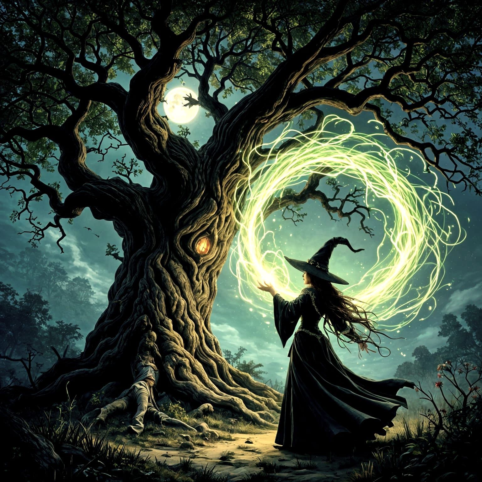 Mystical Witch Casting Emerald Spell Under Ancient Oak