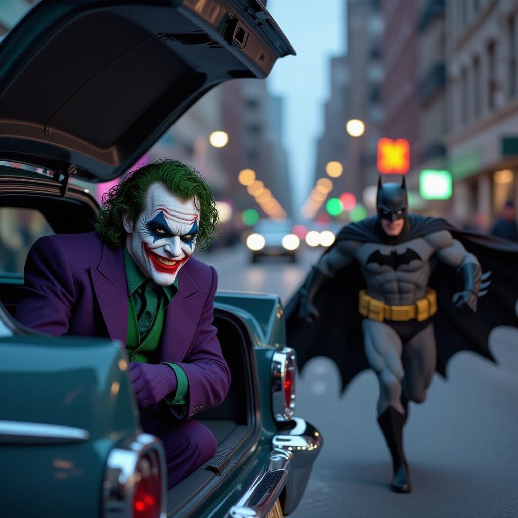 Joker Peeks From Trunk as Batman Flees