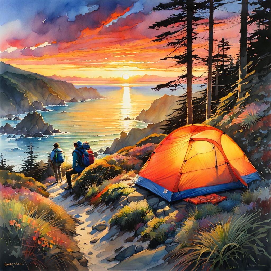Pacific Coast Trail Sunset: Watercolour Fantasy Masterpiece