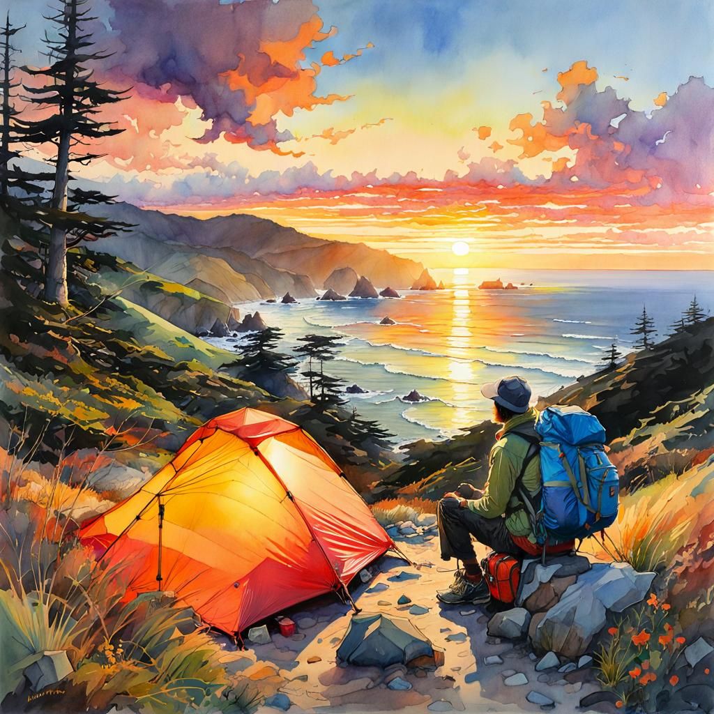 Pacific Coast Trail Sunset: Watercolour Fantasy Masterpiece