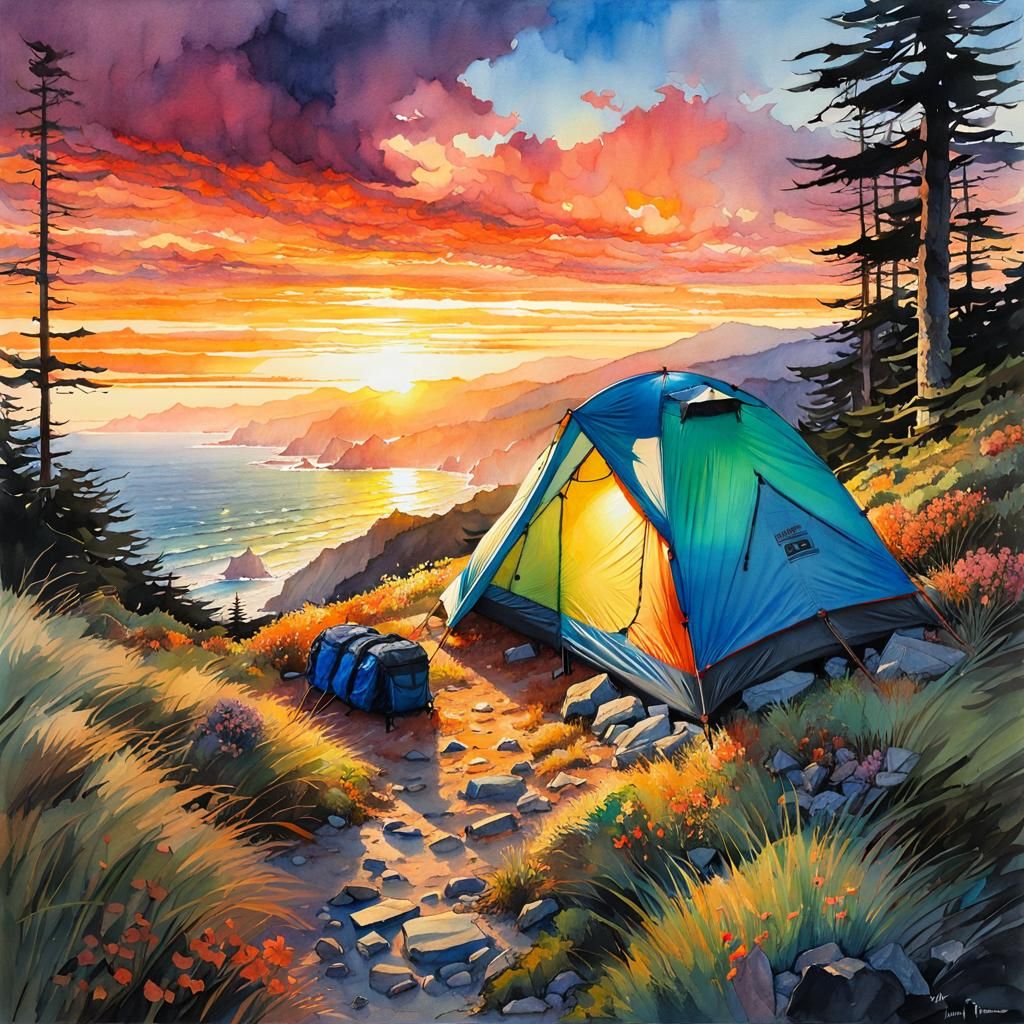 Pacific Coast Trail Sunset: Watercolor Fantasy Masterpiece