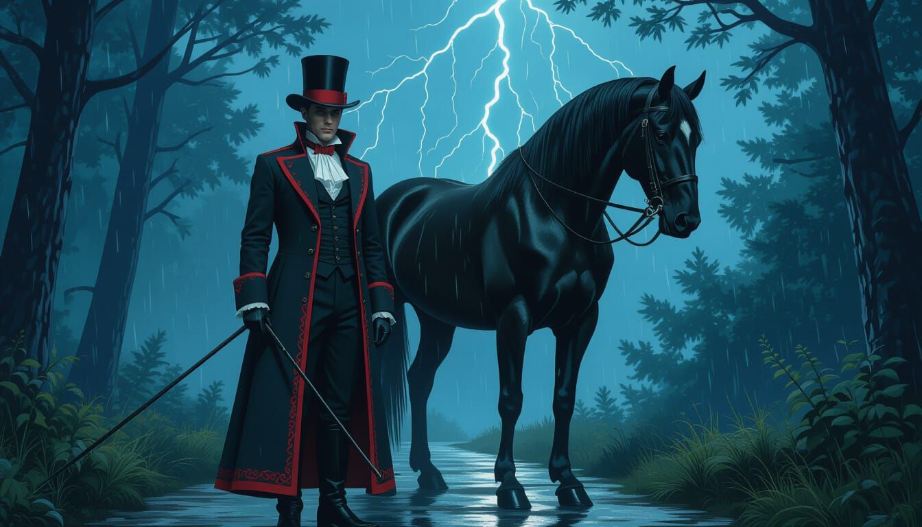 Victorian Man and Horse in Stormy Forest