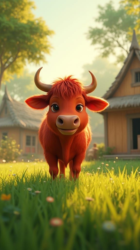 Majestic Red Cow in Lush Green Meadow